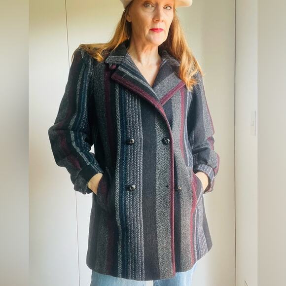 Vintage 80s Wool Car Coat Grey Size Medium Short Fit Mock Neckline - Picture 5 of 7